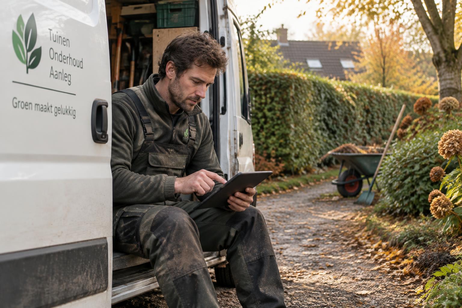 Hovenier controleert facturen op een tablet bij de geopende werkbus in een herfsttuin