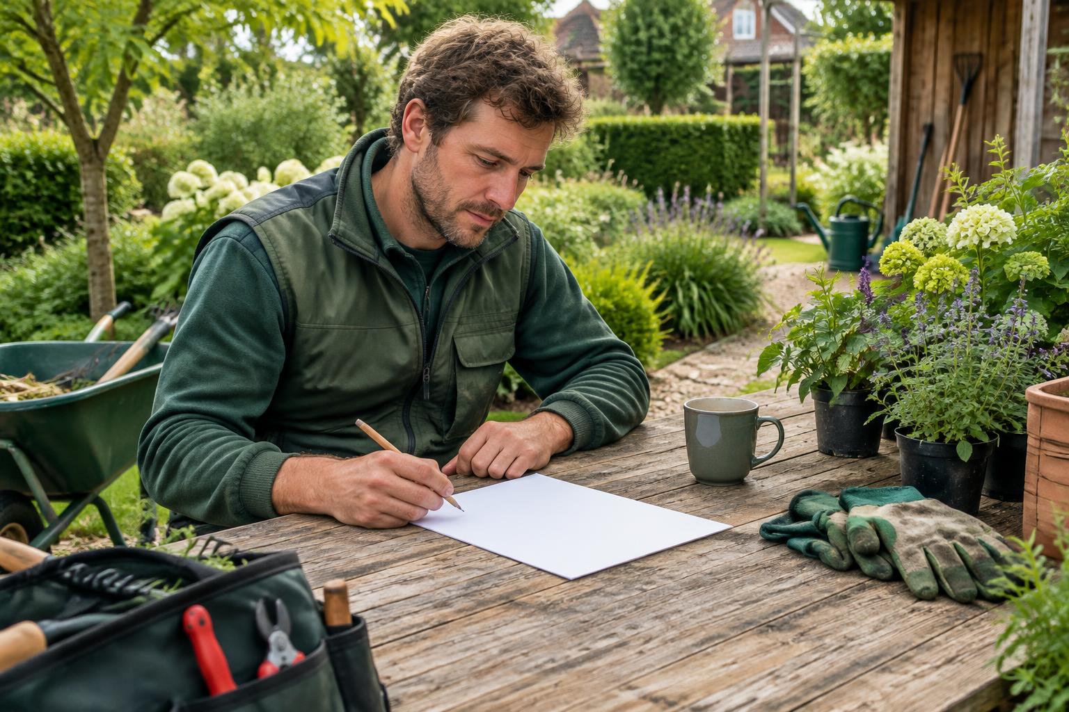 Hovenier die een concept voor tuinonderhoud op papier voorbereidt