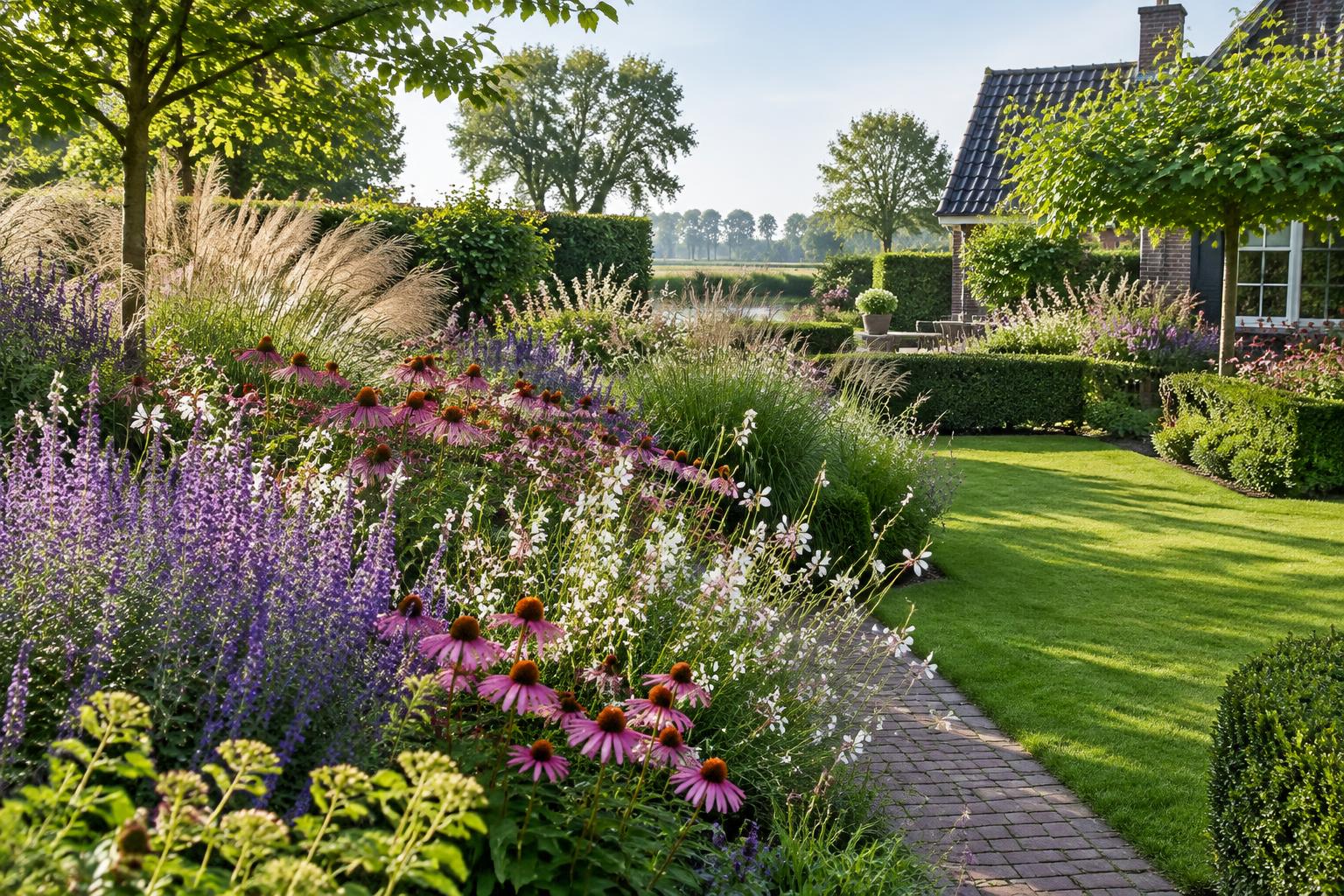 Verzorgde tuin met bloeiende borders, groene hagen en een klinkerpad