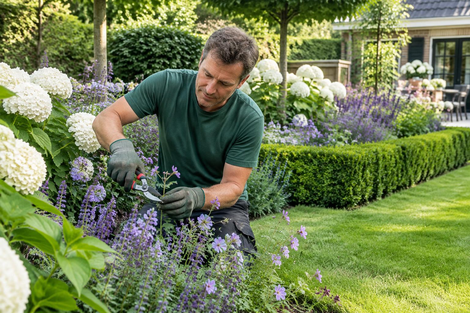 Hovenier snoeit vaste planten in een bloeiende tuin